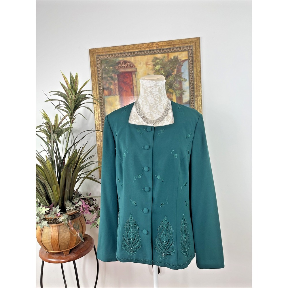Plaza South Women Size 12 Teal Green Embroidered Beaded Jacket Blazer Y2K